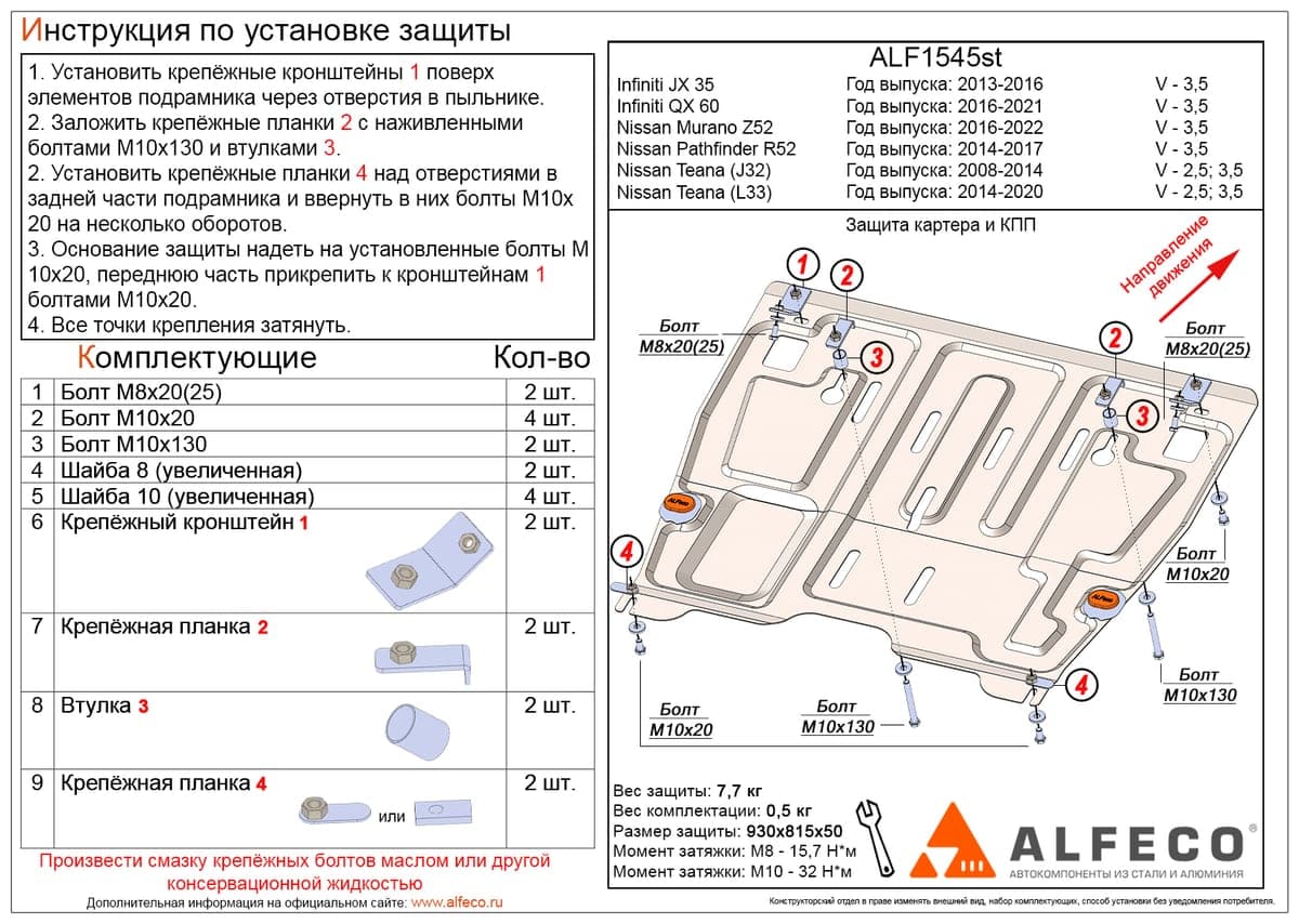 Защита картера и КПП ALFeco ALF1545st-2