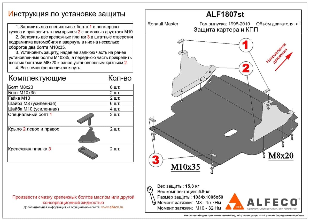 Защита картера и КПП Renault Master II 2003-2010