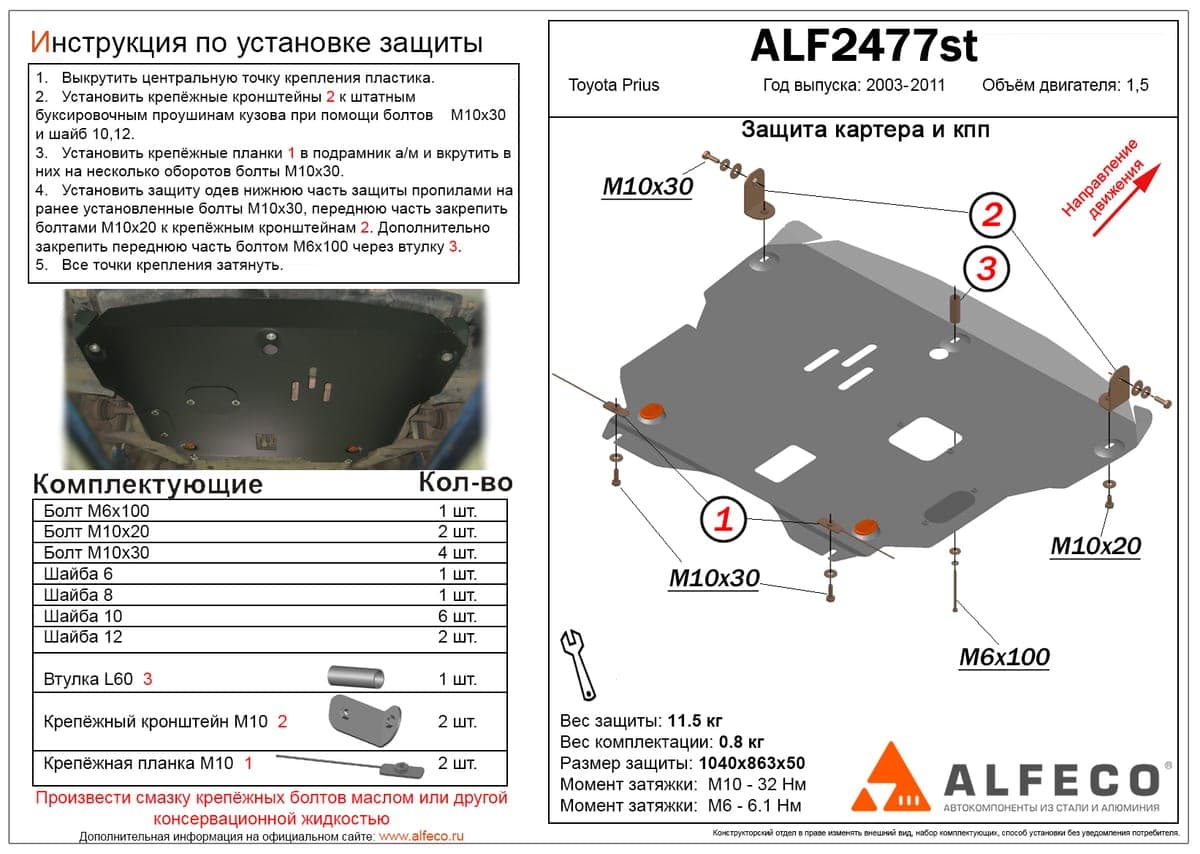 Защита картера и КПП Toyota Prius 2003-2011
