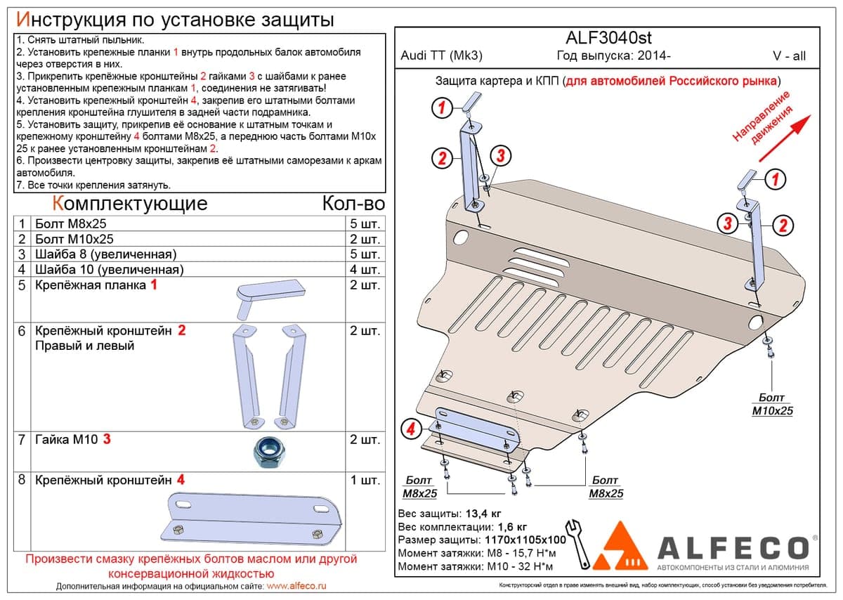 Защита картера и КПП Audi TT FV3 2014-2019